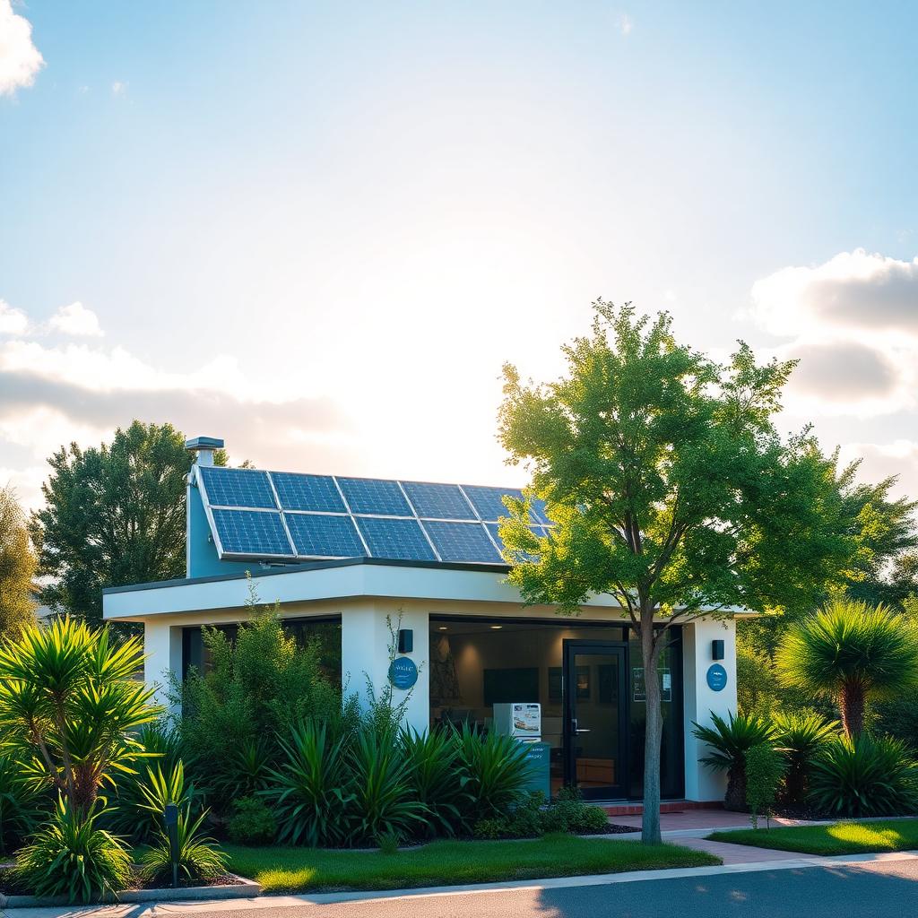 Pequeno negócio com painéis solares, representando a transição energética e sustentabilidade