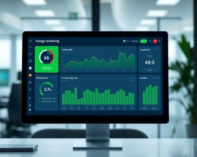 Painel de monitorização de energia com gráficos em tempo real num ecrã
