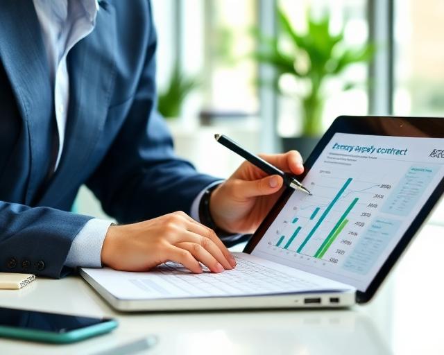 Profissional a rever um contrato de fornecimento de energia com gráficos comparativos