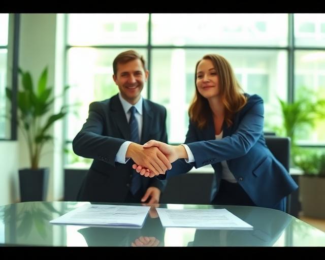 Aperto de mão entre dois profissionais após negociação de contrato