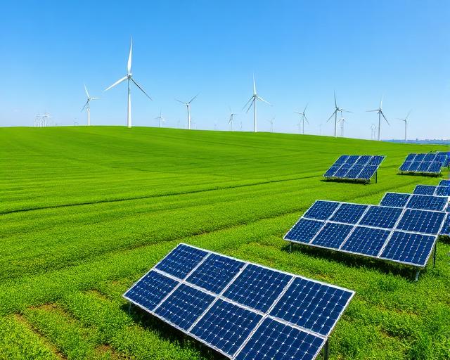 Painéis solares e turbinas eólicas num campo verde