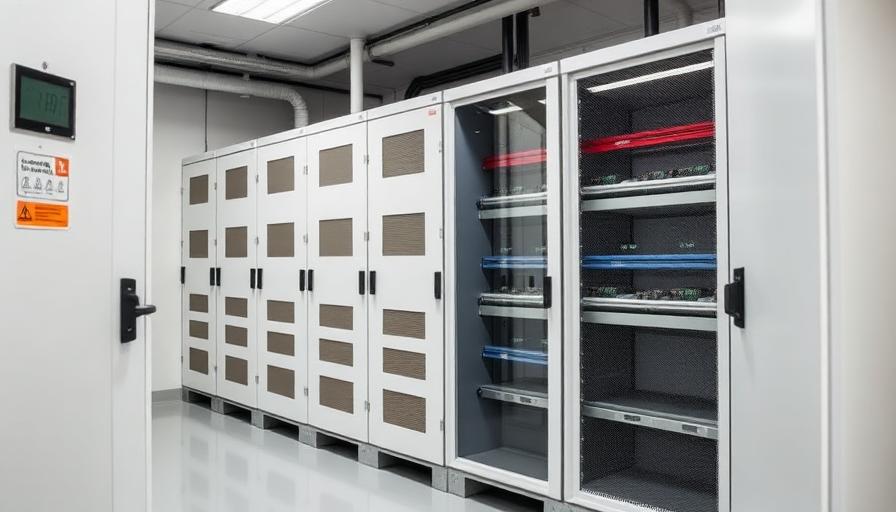 Armários de baterias de armazenamento de energia numa sala técnica