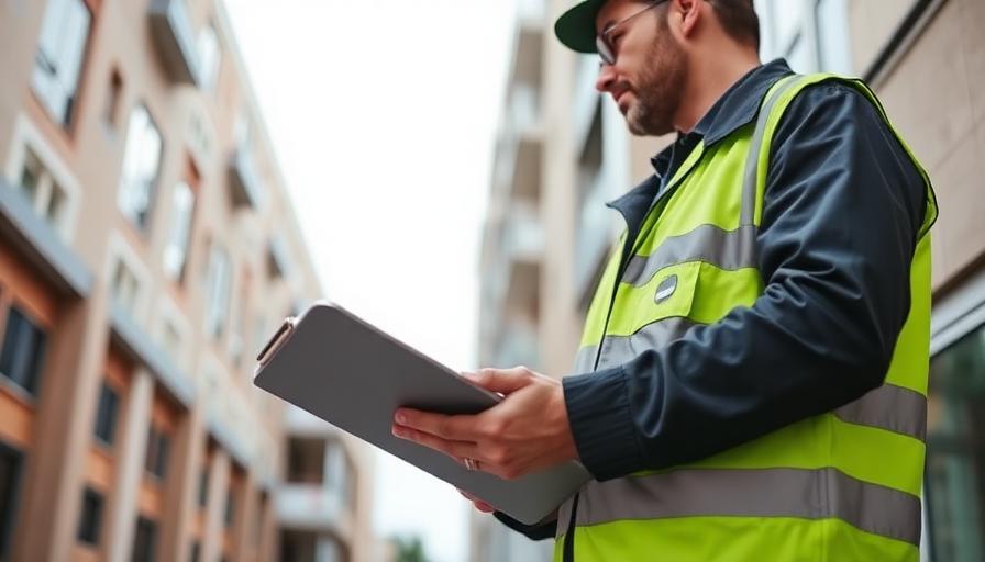 Auditor energético a inspecionar um edifício com tablet